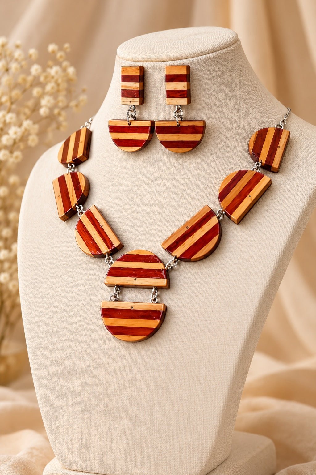 Usha Wooden Jewellery Set – Graduated Padauk & Boxwood Half-Round Necklace with Earrings - Chandrakalakriti
