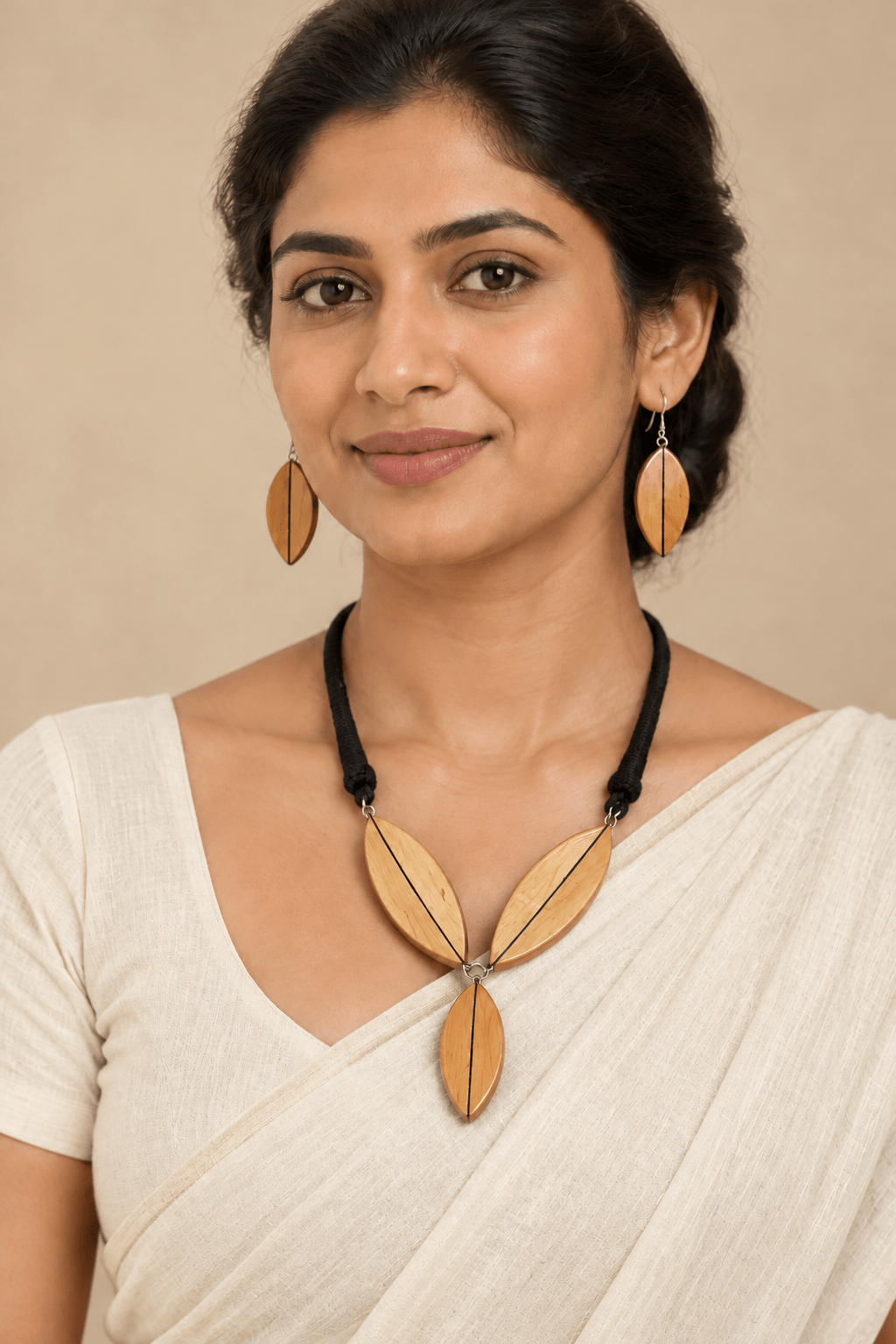 Shashi Wooden Jewellery Set – Three-Leaf Ebony Inlaid Boxwood Necklace with Earrings - Chandrakalakriti