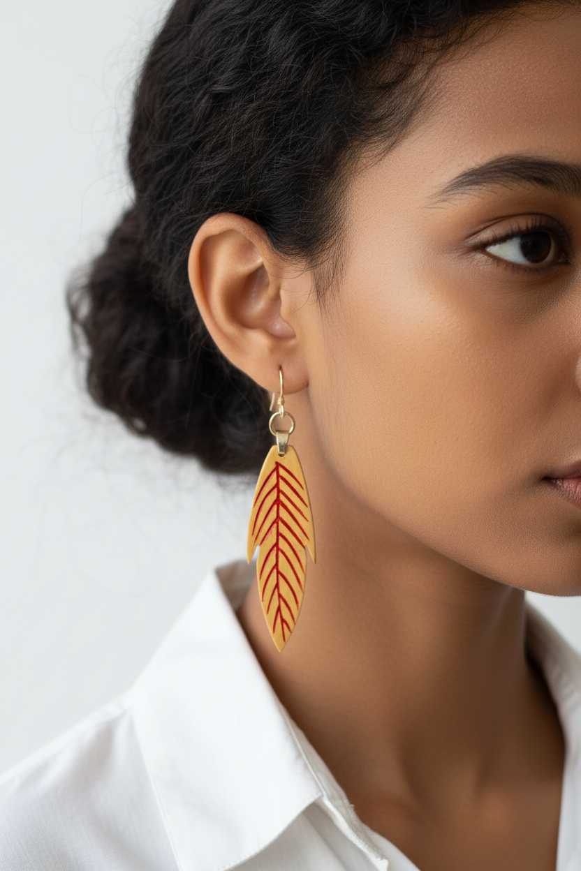 Taru Wooden Earrings – Hand-Carved Boxwood Leaf Drop Earrings
