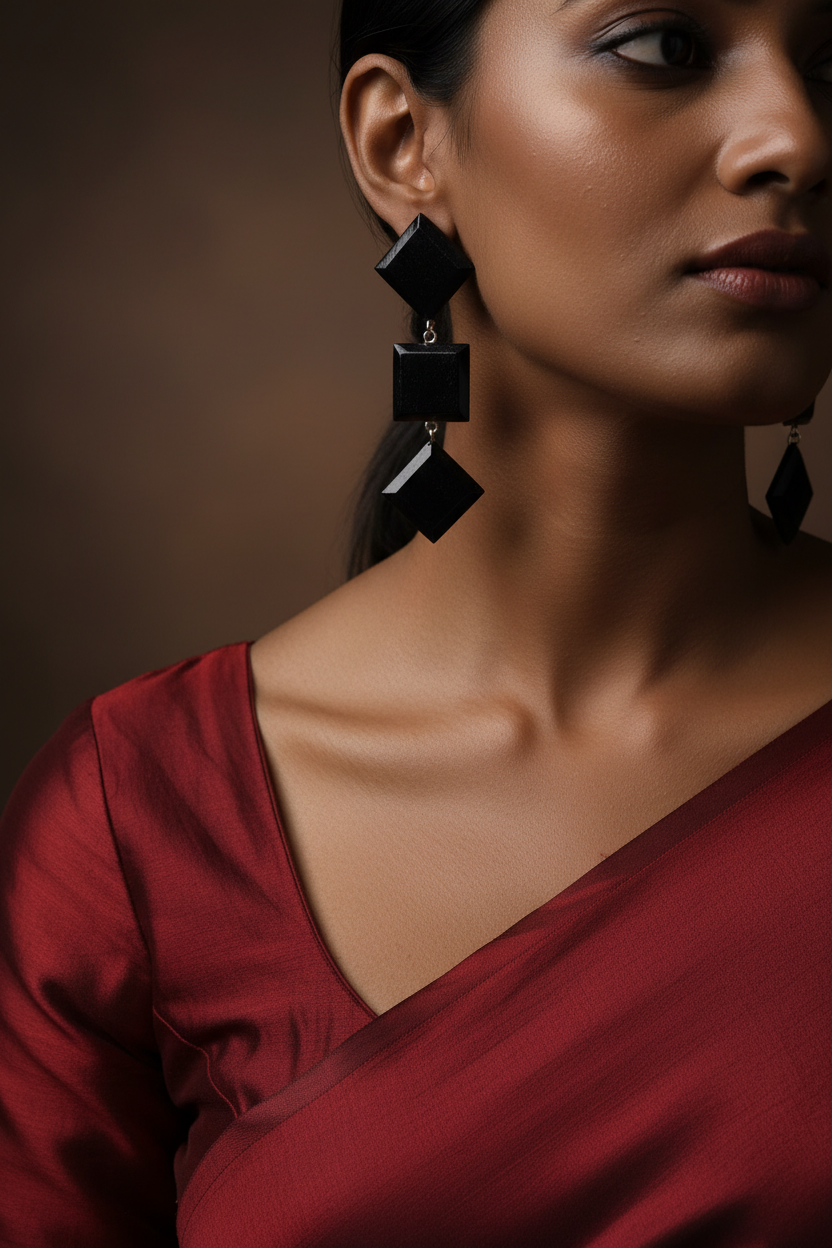 Trinetra Wooden Earrings – Triple Ebony Square Dangle Earrings