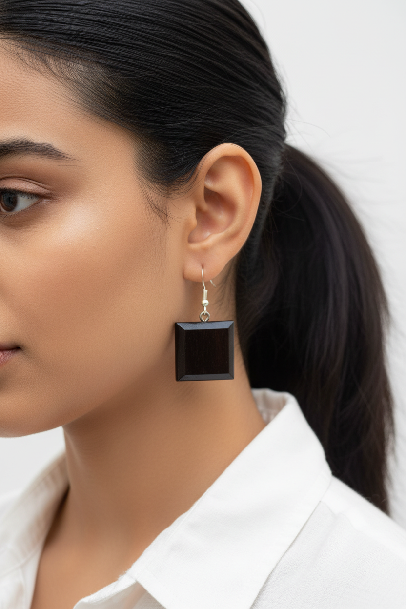 Varga Wooden Earrings – Bevelled Ebony Square Drop Earrings