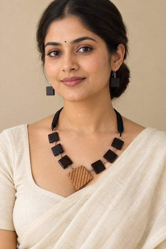 Vargika Wooden Jewellery Set – Ebony Squares with Inlaid Boxwood Diamond and Earrings - Chandrakalakriti