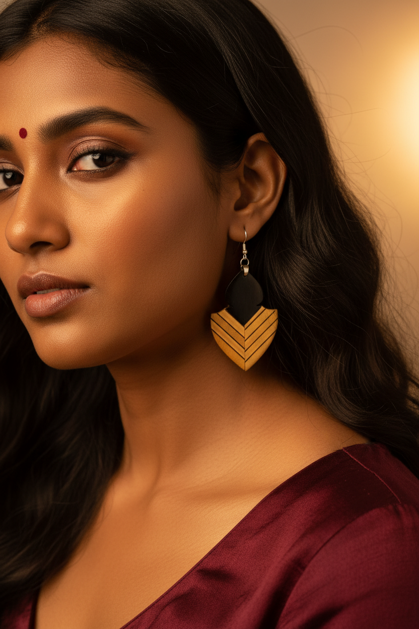 Varmini Wooden Earrings – Ebony Inlaid Boxwood Shield Danglers
