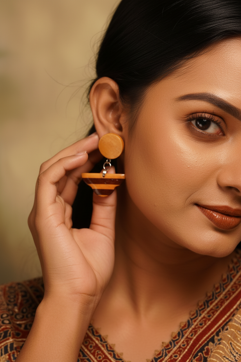 Vritti wooden earrings — a pale disc above a drop joined from Boxwood and Padauk
