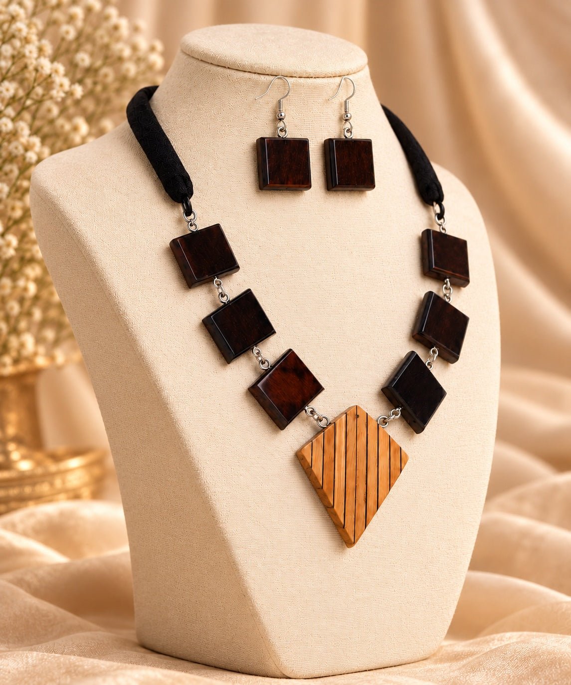 Vargika Wooden Jewellery Set – Ebony Squares with Inlaid Boxwood Diamond and Earrings - Chandrakalakriti
