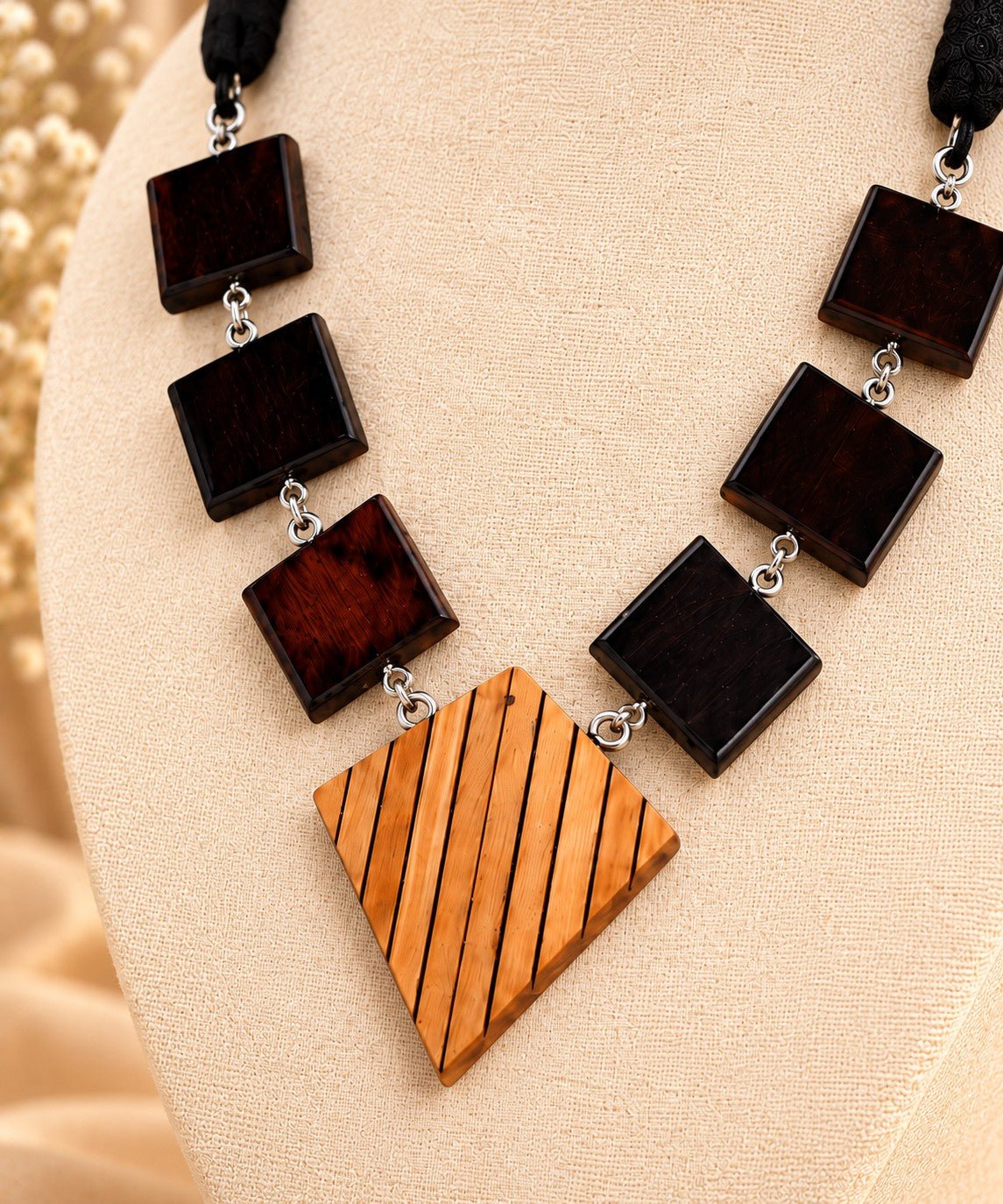 Vargika Wooden Jewellery Set – Ebony Squares with Inlaid Boxwood Diamond and Earrings - Chandrakalakriti