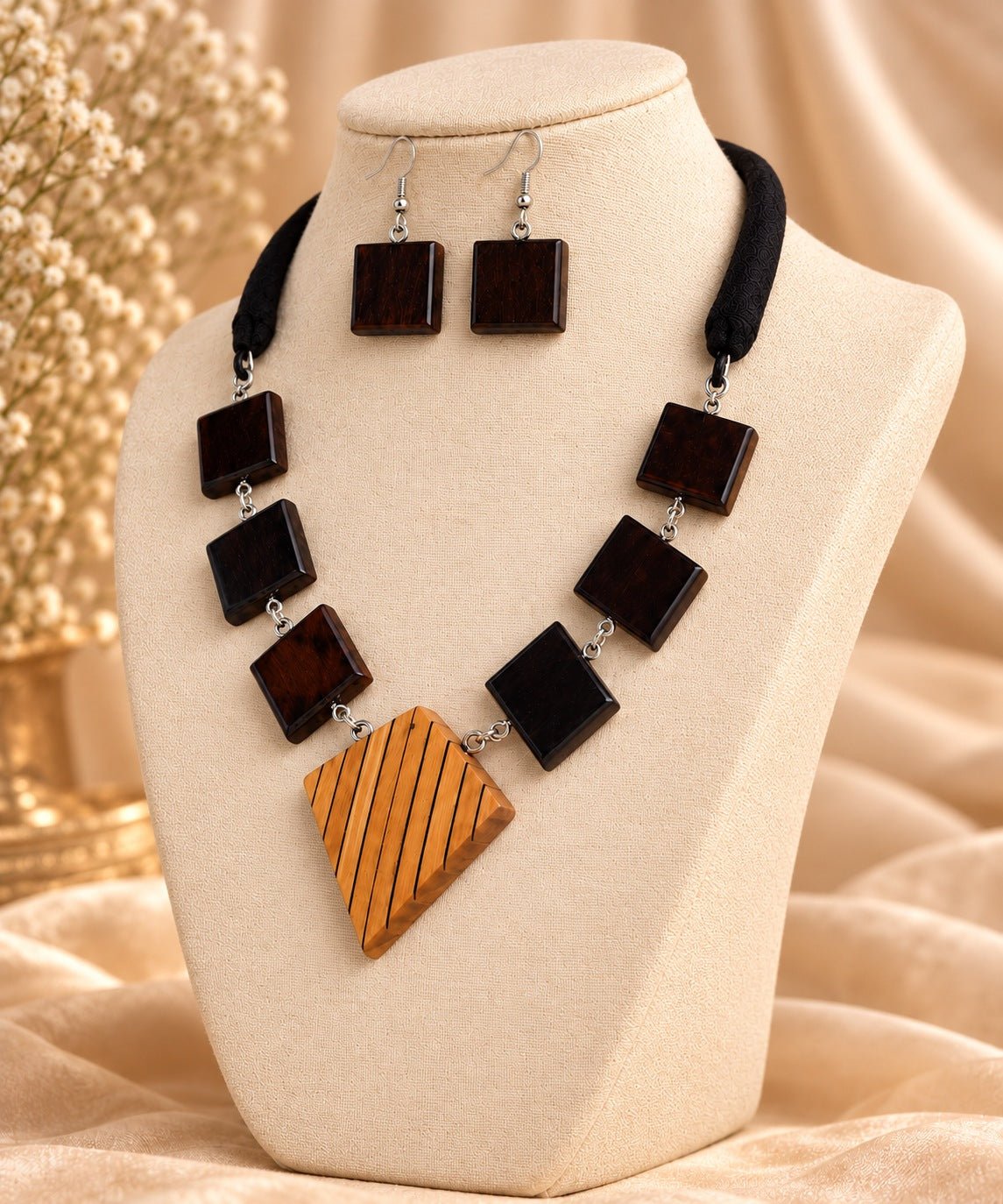 Vargika Wooden Jewellery Set – Ebony Squares with Inlaid Boxwood Diamond and Earrings - Chandrakalakriti